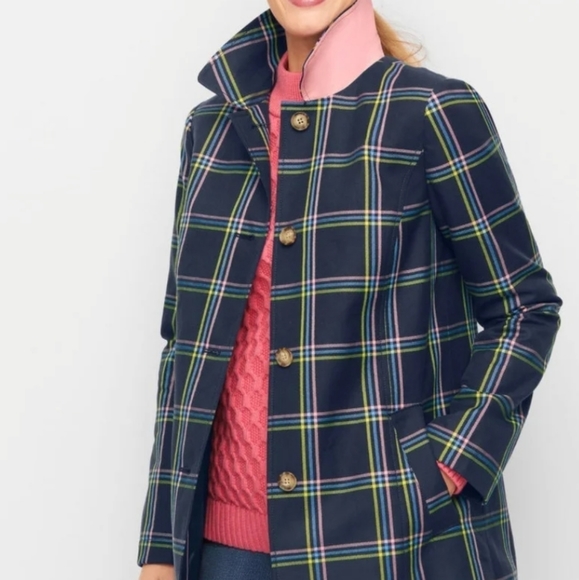 Talbots Plaid Navy A Line Trench Coat Size 2X - Picture 2 of 9